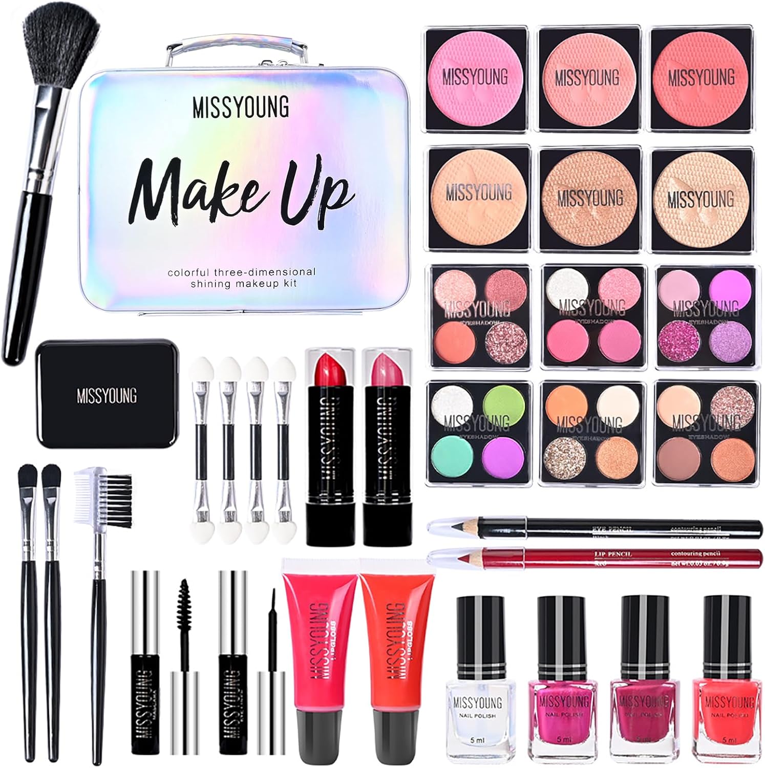 RoseFlower Kit de maquillaje profesional, juego completo de maquillajecon paleta de sombras de ojos, pincel de maquillaje, lápiz labial, brillo de labios, estuche de maquillaje de viaje para niñas