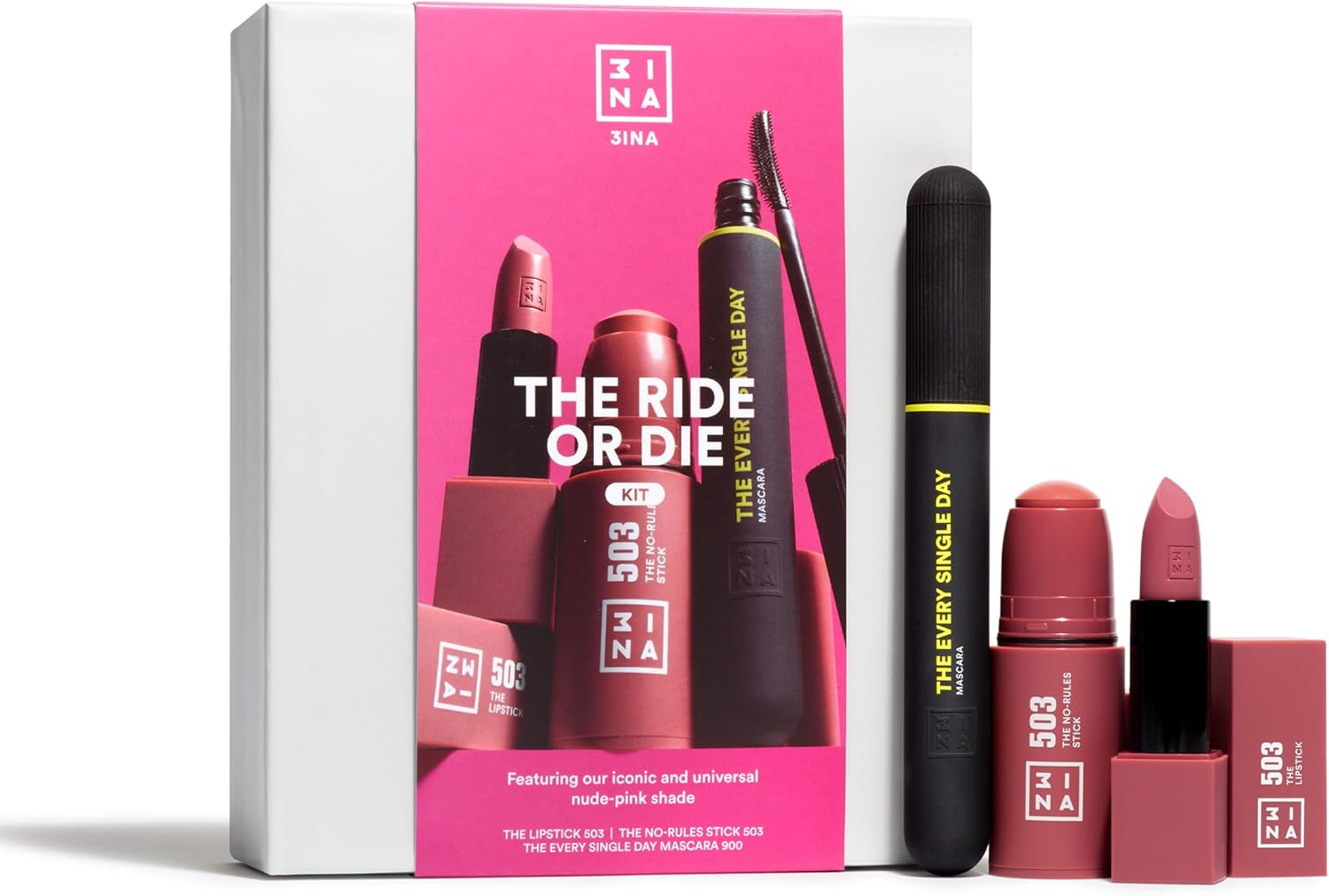 3INA MAKEUP - The Ride or Die Kit - Kit Maquillaje - Lipstick 503 + No-Rules Stick 503 + Every Single Day Mascara 900 - Labial + Colorete + Mascara - Set Regalo - Vegan - Cruelty-Free